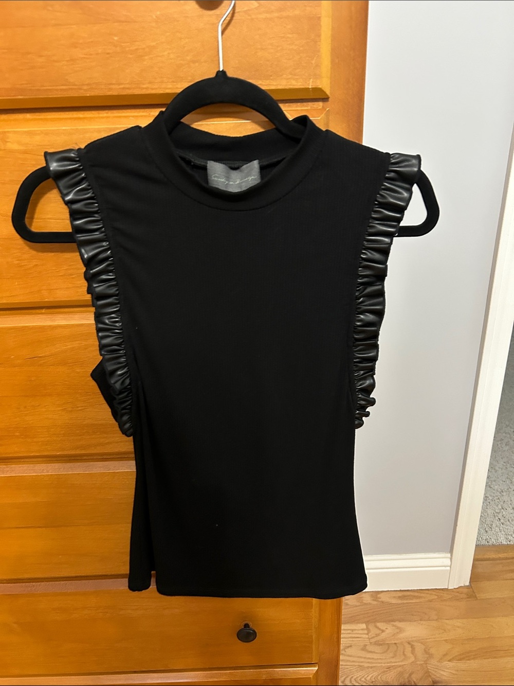 Mock Neck Sleeveless Tank with Faux-Leather Ruffle Trim - Black
